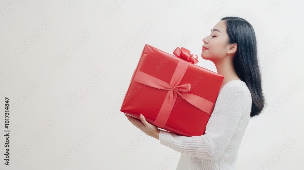 Happy female with gift box in holiday season. Happy female with gift box in holiday season.