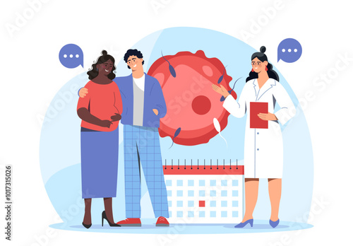 Happy future parents. Man and pregnant woman near calendar and doctor. Gynecologist appointment and consultation. Motherhood and fatherhood. Flat vector illustration isolated on white background