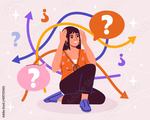 Woman with hard choice. Young girl near huge number of colorful arrows. Difficulties and obstacles. Pathway analysis. Dilemma and doubt. Person making decision. Flat vector illustration