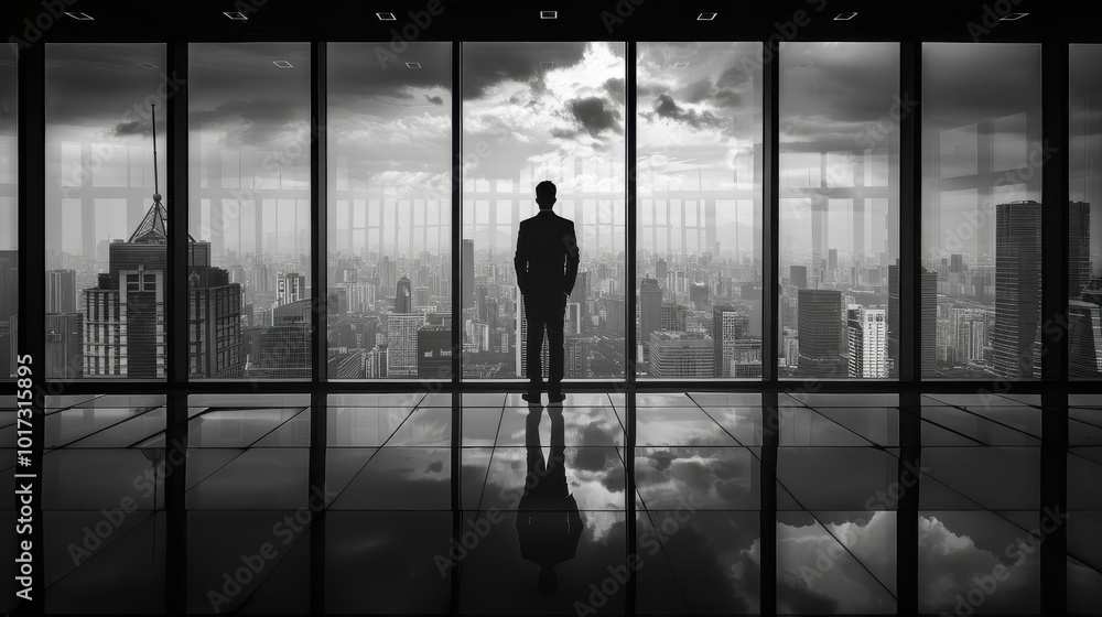 Silhouette of a man looking at cityscape from a high-rise office window, reflecting on polished floor. Silhouette of a man looking at cityscape from a high-rise office window, reflecting on polished floor.
