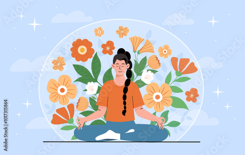 Woman in harmony. Young girl sitting in lotus position in bubble with flowers. Positive feelings and emotions. Mental health and psychology. Flat vector illustration isolated on blue background