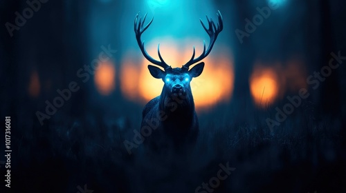 Majestic deer with glowing antlers in a misty forest during twilight.