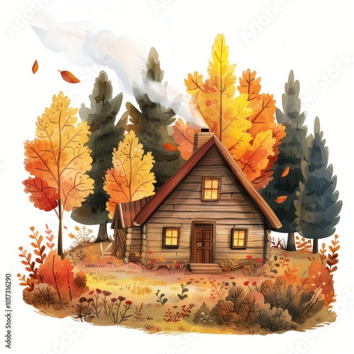 A cozy cabin in the woods with a chimney emitting wis photo