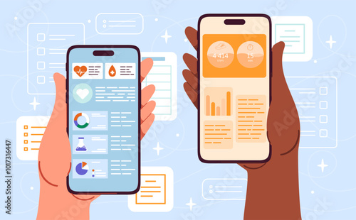 Health monitoring app. Hands with smartphones with medical infographics and statistics. Health monitoring. Diagnosis and treatment. Flat vector illustration isolated on blue background