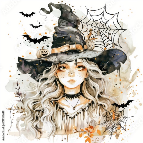 A whimsical witch with white and beige attire surroun photo