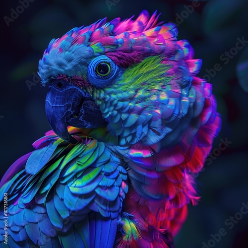 Close-up of a parrot with rainbowy iridescent holo photo