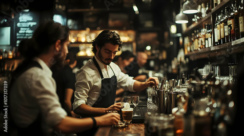 Bartender preparing drinks in a dimly lit bar setting.