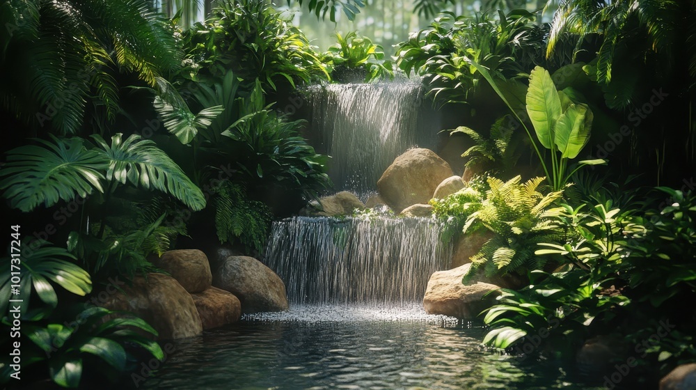Lush Tropical Waterfall With Rocks and Foliage Lush Tropical Waterfall With Rocks and Foliage
