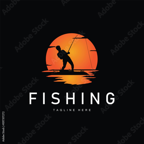 fishing logo black silhouette angler design and outdoor sunset