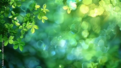 Green clover leaves with a vibrant bokeh background, creating a fresh and serene nature scene.