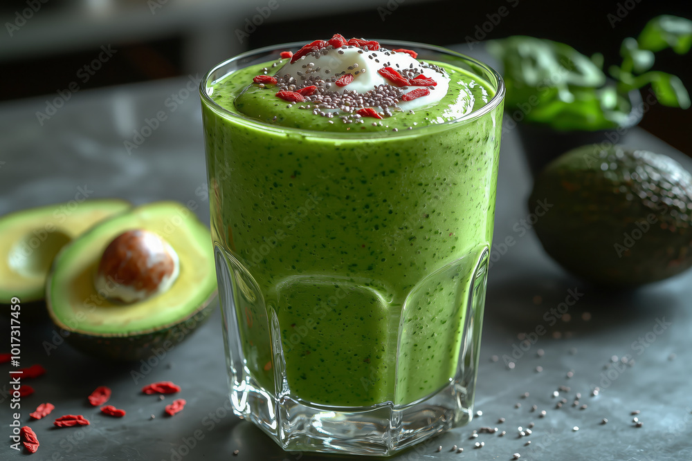 Avocado and spinach green smoothie with a swirl of coconut cream Avocado and spinach green smoothie with a swirl of coconut cream