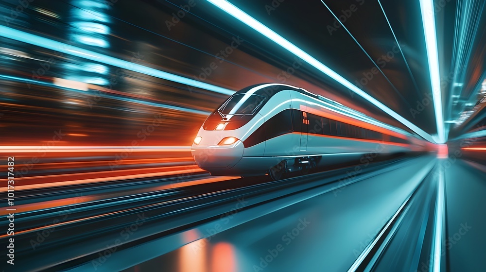 Sleek and powerful high speed train cutting through a dazzling neon illuminated cityscape symbolizing the evolution of modern transportation and the futuristic potential of urban mobility Sleek and powerful high speed train cutting through a dazzling neon illuminated cityscape symbolizing the evolution of modern transportation and the futuristic potential of urban mobility