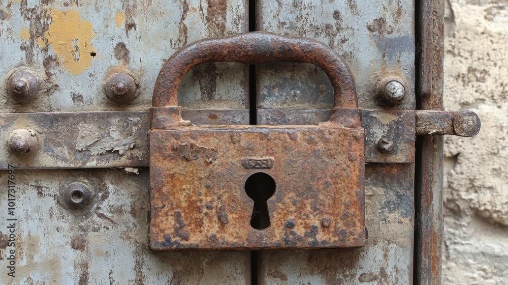 Rusty padlock on closed gate. Rusty padlock on closed gate.