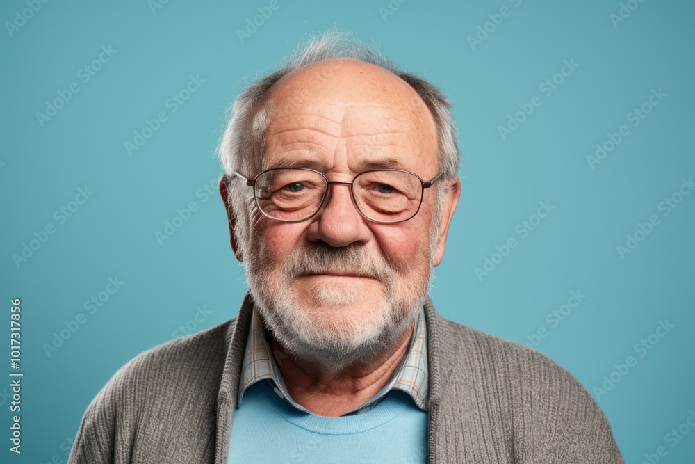 Portrait of a senior man with grey beard and glasses on blue background Portrait of a senior man with grey beard and glasses on blue background