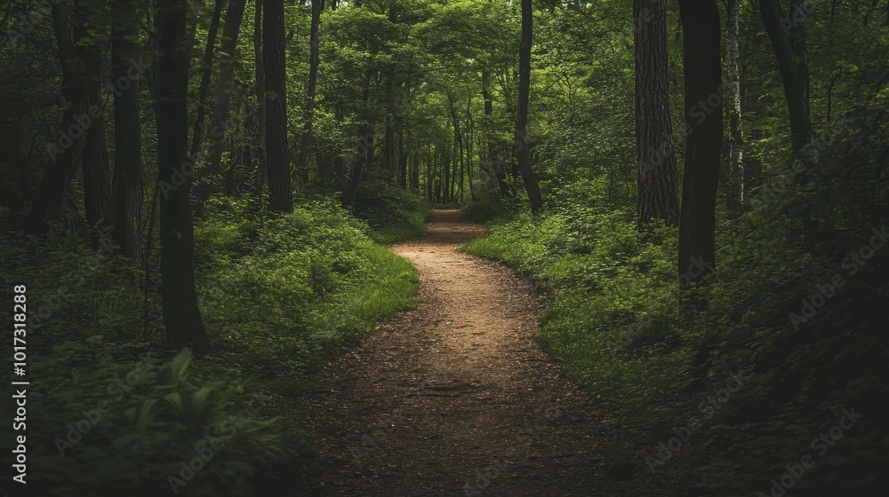 A winding path through a dense, verdant forest A winding path through a dense, verdant forest