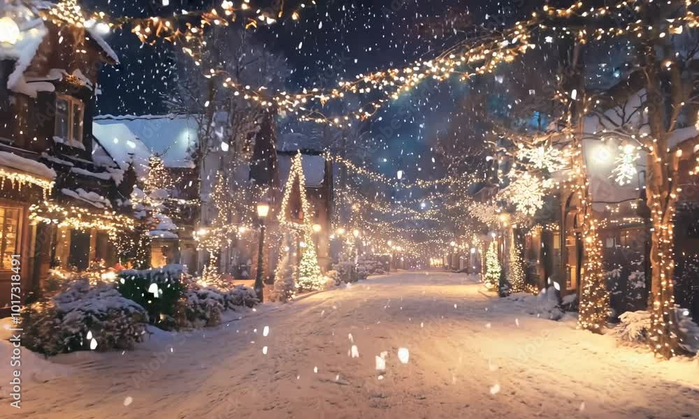 Enchanting Winter Wonderland With Sparkling Lights and Gentle Snowfall on a Quiet Evening Street Enchanting Winter Wonderland With Sparkling Lights and Gentle Snowfall on a Quiet Evening Street