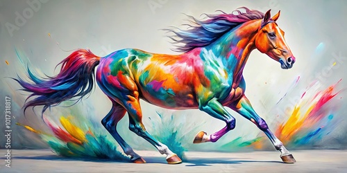 A vibrant equine form, a symphony of colors, explodes in motion, capturing the essence of unrestrained freedom. photo