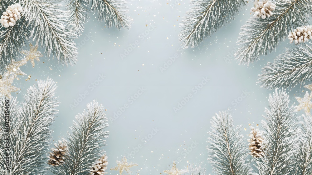 Snowy Pine Branches with Golden Stars and Pinecones on a Light Blue Background Snowy Pine Branches with Golden Stars and Pinecones on a Light Blue Background