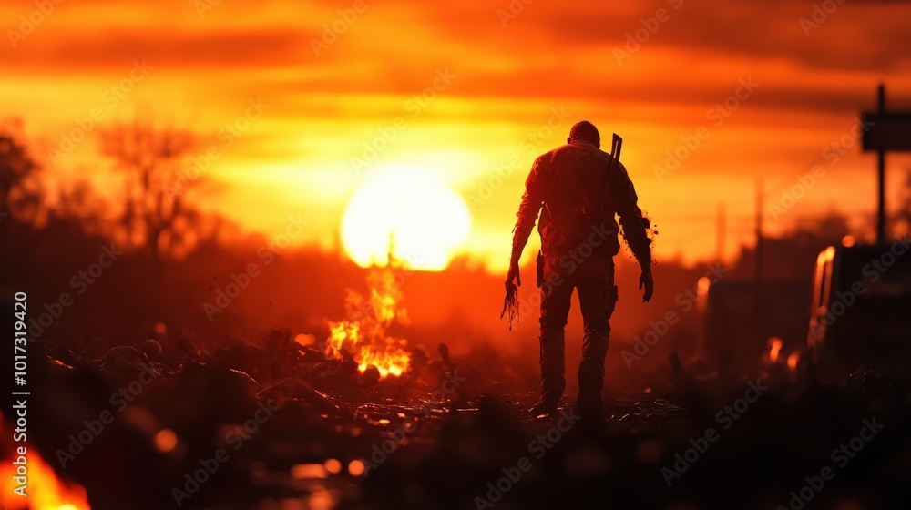 Fototapeta premium Silhouette of a lone figure walking against a vibrant sunset.