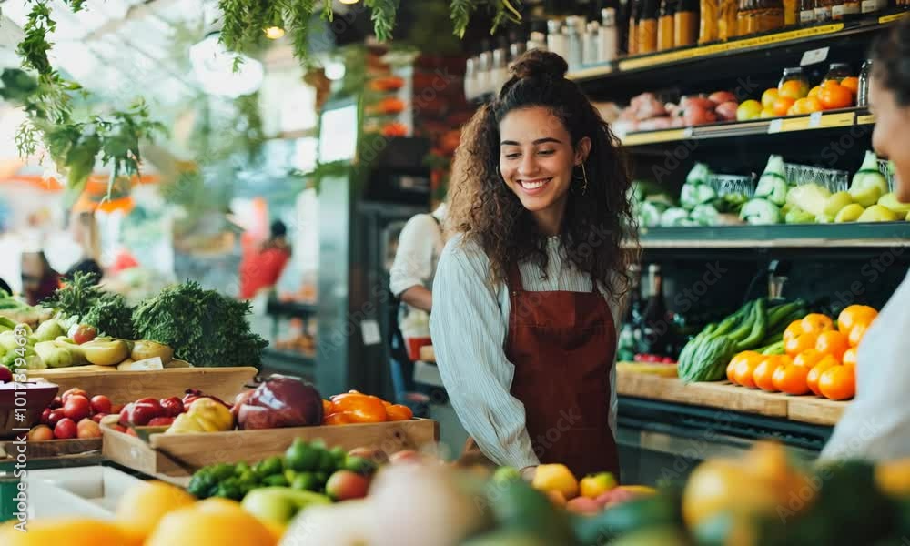 Smiling Woman Enjoys Vibrant Market Day Among Fresh Produce in a Lively Community Setting Smiling Woman Enjoys Vibrant Market Day Among Fresh Produce in a Lively Community Setting