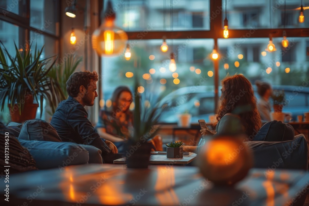 Soft focus photo of a team having a casual discussion in a cozy office lounge Soft focus photo of a team having a casual discussion in a cozy office lounge