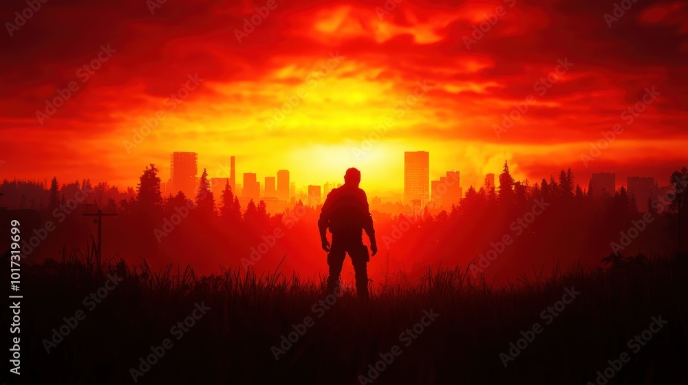 Silhouette of a person against a vibrant sunset skyline. Silhouette of a person against a vibrant sunset skyline.