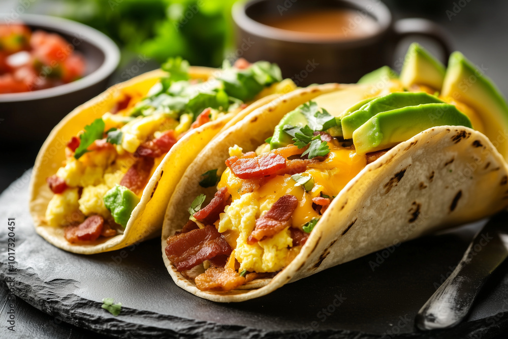 A hearty breakfast taco filled with scrambled eggs, crispy bacon, melted cheese, and avocado slices A hearty breakfast taco filled with scrambled eggs, crispy bacon, melted cheese, and avocado slices