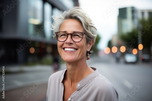 Portrait of a happy senior woman with eyeglasses in the city