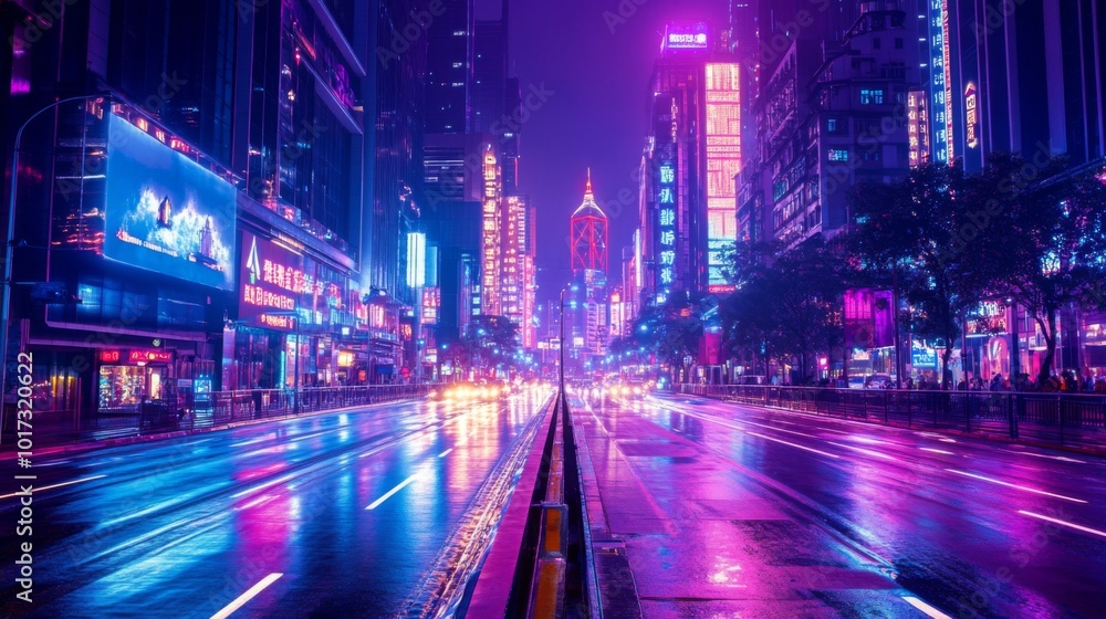 Neon lights illuminate a wet city street at night, creating a vibrant and futuristic atmosphere. Neon lights illuminate a wet city street at night, creating a vibrant and futuristic atmosphere.
