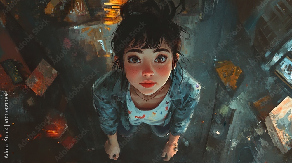 Cute Anime Girl Looking Up with a Wondering Expression Cute Anime Girl Looking Up with a Wondering Expression
