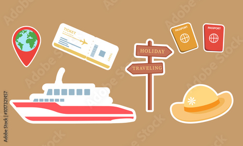 Travel and Vacation Essentials Icons with Camera, Passport, and Summer Items

