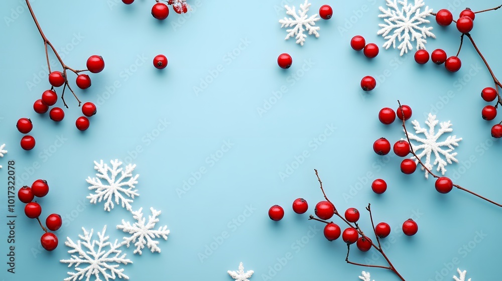 Red Berries and White Snowflakes on a Blue Background Red Berries and White Snowflakes on a Blue Background