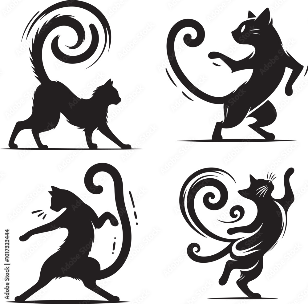 Obraz premium A funky cat silhouette mid twist, tail swishing vector style on solid white background