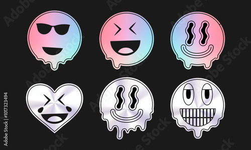 Holographic and Metallic Drip Emoji Collection with Fun and Unique Expressions

