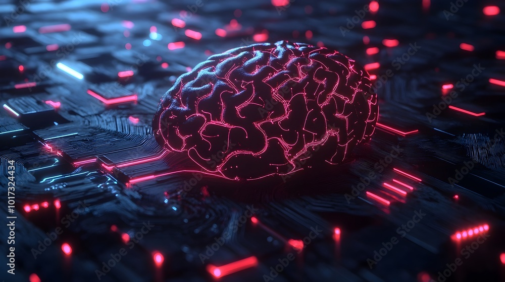 Futuristic digital brain interface with a glowing neural network of interconnected circuits representing the mind machine connection and the of technology with the human brain Futuristic digital brain interface with a glowing neural network of interconnected circuits representing the mind machine connection and the of technology with the human brain