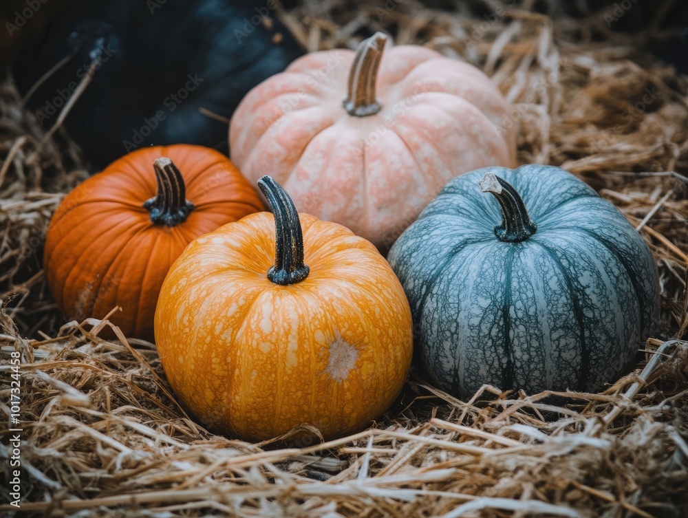 Pumpkin Varieties on Straw in Autumn Theme Pumpkin Varieties on Straw in Autumn Theme