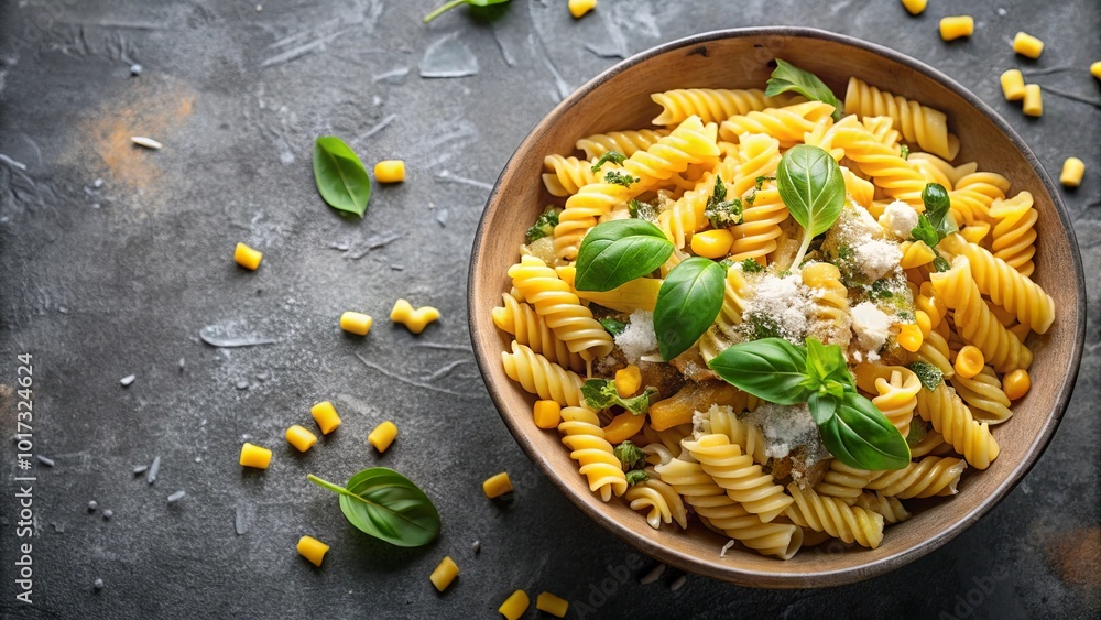 A Bowl of Golden Spirals, Basil, Corn, and White Flakes, A Culinary Delight on a Dark Surface A Bowl of Golden Spirals, Basil, Corn, and White Flakes, A Culinary Delight on a Dark Surface