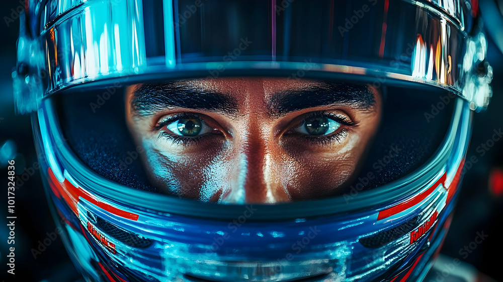 Close-up of a race car driver in a helmet, focused and intense. Close-up of a race car driver in a helmet, focused and intense.
