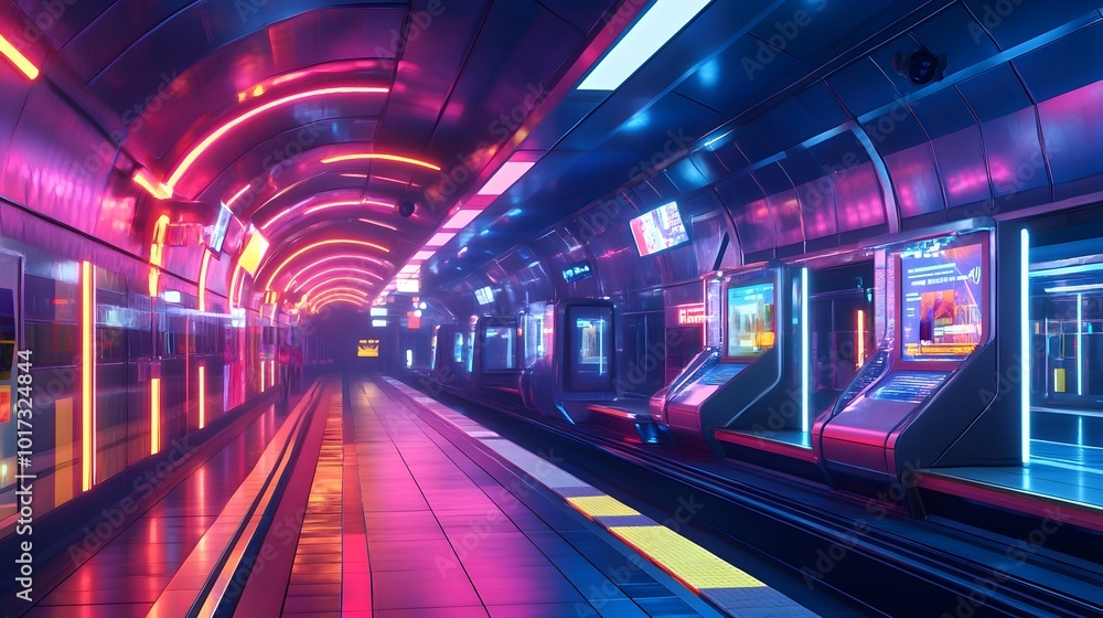 Fototapeta premium Futuristic subway station featuring holographic ticket kiosks neon lighting and other advanced technologies that enhance the travel experience