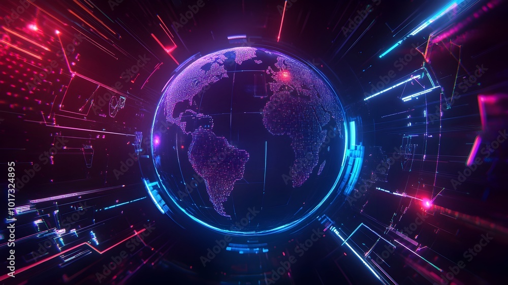 Futuristic holographic globe with a detailed world map displayed in neon light accents creating a high tech and visually striking presentation for technology science or business concepts Futuristic holographic globe with a detailed world map displayed in neon light accents creating a high tech and visually striking presentation for technology science or business concepts
