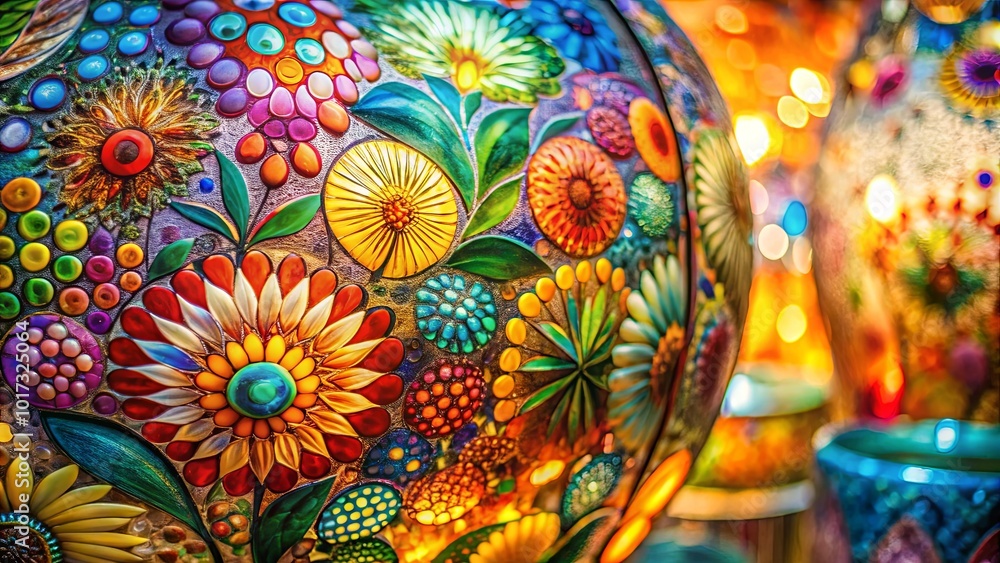 Fototapeta premium A vibrant sphere adorned with intricate mosaic floral patterns, showcasing a kaleidoscope of colors and textures, illuminated by soft, warm light.