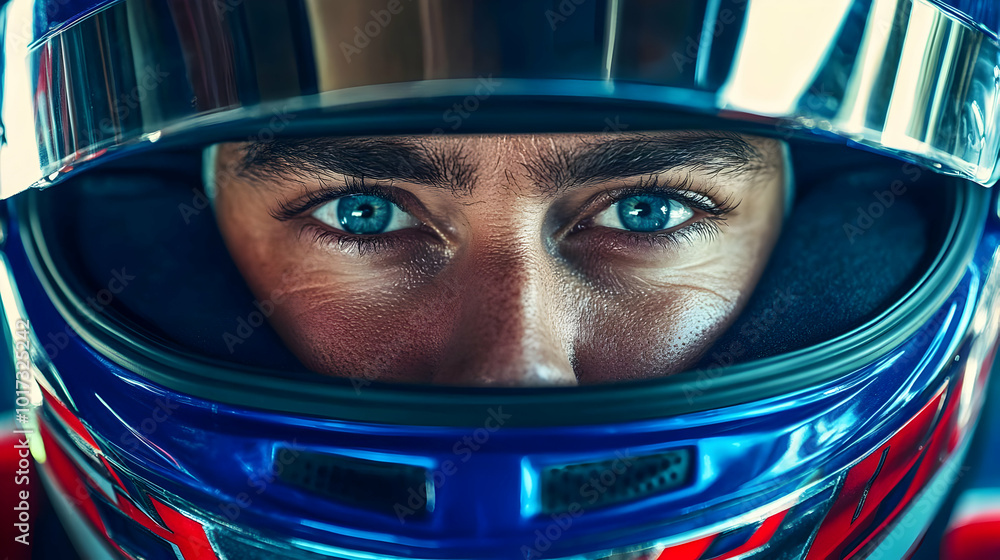 Close-up of a race car driver in a helmet, showcasing intense focus. Close-up of a race car driver in a helmet, showcasing intense focus.