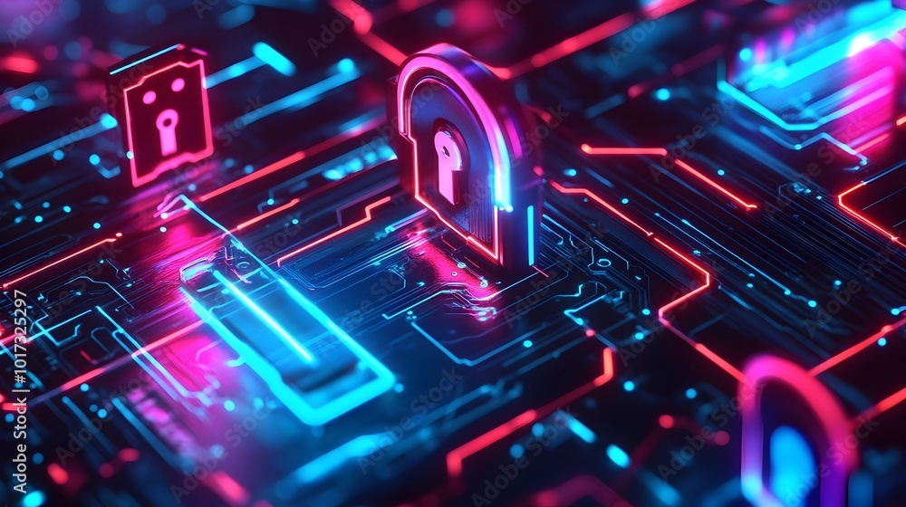 Futuristic digital security and data protection concept featuring neon circuit patterns and geometric shapes of advanced encryption network intelligence and hi tech information systems Futuristic digital security and data protection concept featuring neon circuit patterns and geometric shapes of advanced encryption network intelligence and hi tech information systems