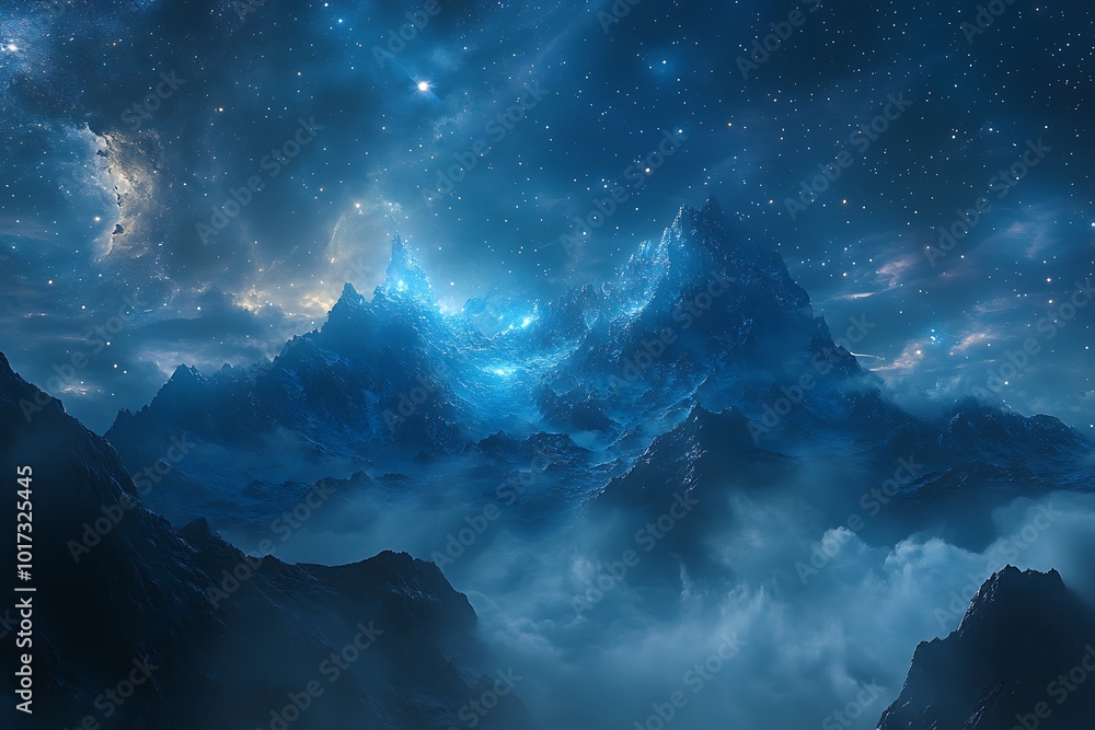 A mystical landscape with glowing mountains under a starry sky. A mystical landscape with glowing mountains under a starry sky.