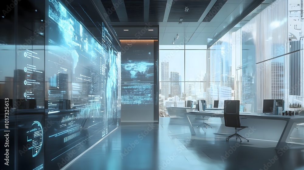 Fototapeta premium Transparent Digital Interface in Futuristic Workspace with Data Visualization and Modern Office Elements
