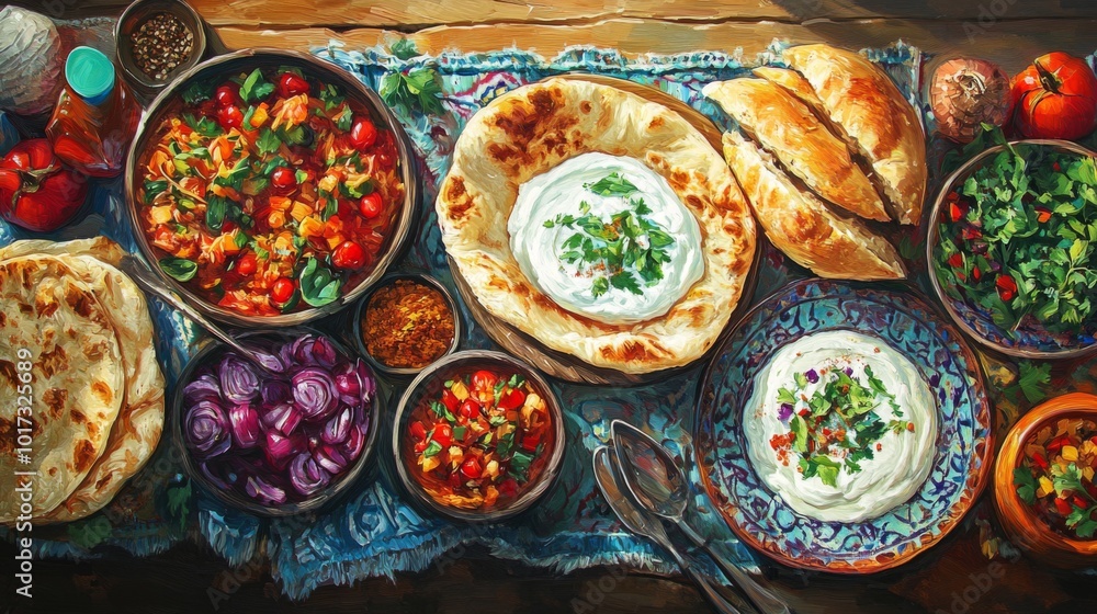 A delicious spread of Indian food with various curries, breads, and toppings. A delicious spread of Indian food with various curries, breads, and toppings.