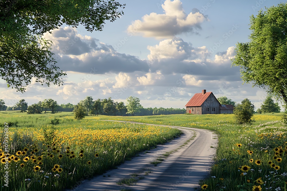 Serene countryside scene with a winding road and a rustic house. Serene countryside scene with a winding road and a rustic house.