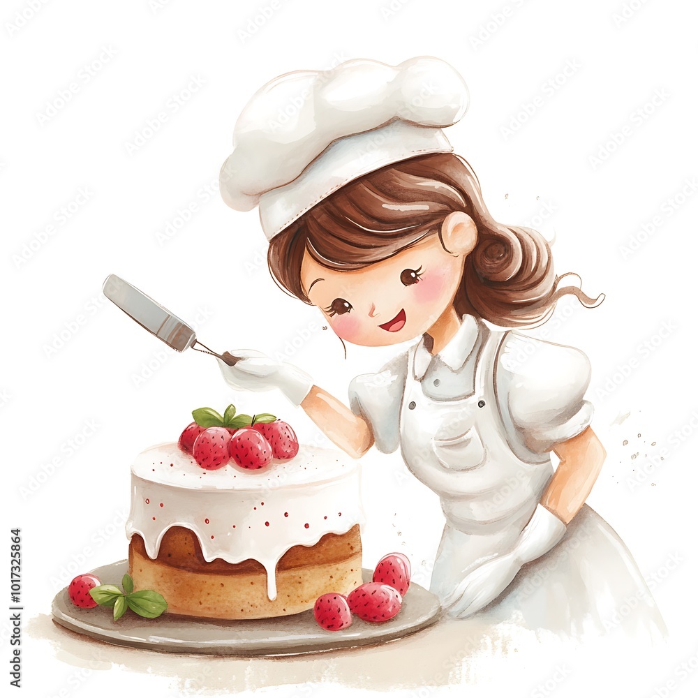 Cute Baker Girl Decorating a Strawberry Cake. Cute Baker Girl Decorating a Strawberry Cake.