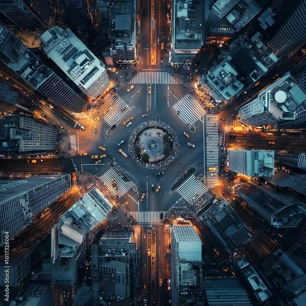 Bustling Aerial View of a Futuristic City Intersection at Night Bustling Aerial View of a Futuristic City Intersection at Night