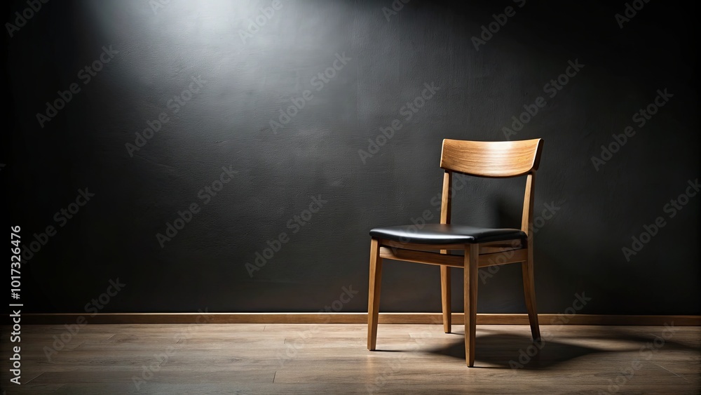 A solitary wooden chair with black leather upholstery sits against a dark wall, illuminated by a single beam of light. A solitary wooden chair with black leather upholstery sits against a dark wall, illuminated by a single beam of light.